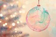 A translucent glass Christmas bauble with whimsical colored swirls hangs delicately, catching the light and creating a warm, festive bokeh effect in the background.