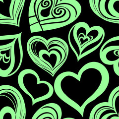 Wall Mural - seamless graphic pattern of green hearts on a black background, texture, design