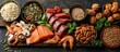 A top view of a wooden cutting board covered with a variety of fresh and colorful foods like fruits, vegetables, cheese, bread, and meats.