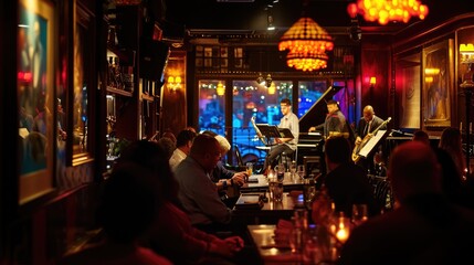 Wall Mural - An evening at a jazz club, musicians in mid-performance, intimate lighting, audience engagement, capturing the essence of live music. Resplendent.