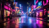 Fototapeta Londyn - A city street is brightly lit up with neon lights, creating a colorful and lively atmosphere. The lights illuminate the surrounding buildings and create a vibrant.