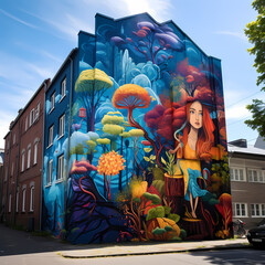 Canvas Print - A vibrant street art mural on a city wall.