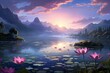 A beautiful fantasy landscape with lake and mountains