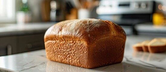 A loaf of brown wheat bread rests on top of a kitchen counter.