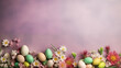Pastel lilac toned easter background decorated by springtime flowers and painted eggs.  