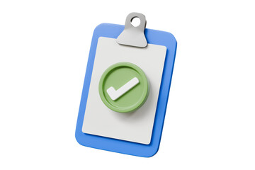 Aufkleber - 3D Blue Clipboard with blank paper notes and check marks icon symbol. Confirmed or approved document checklist done icon. Cartoon minimal style on isolated purple background 3d rendering illustration.