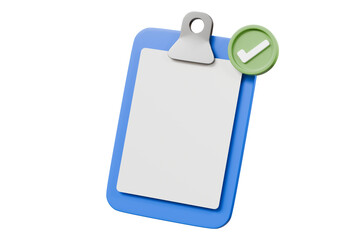 Aufkleber - 3D Blue Clipboard with blank paper notes and check marks icon symbol. Confirmed or approved document checklist done icon. Cartoon minimal style on isolated purple background 3d rendering illustration.