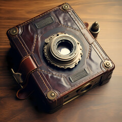 Canvas Print - Vintage film camera on a leather-bound journal.