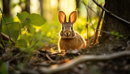 A Eastern Cottontail Rabbit sits calmly amid the trees and foliage of a forest, blending in with its surroundings. The rabbits ears are perked up, alert to any potential danger