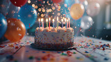 Fototapeta  - A beautifully decorated birthday cake with colorful candles lit up, sitting on a table surrounded by balloons and confetti