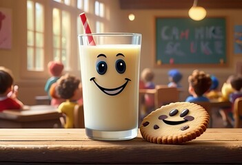 cheerful glass of milk smiling and having fun together with a chocolate cookie against the backdrop of a school class