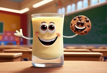 Wall Mural - cheerful glass of milk smiling and having fun together with a chocolate cookie against the backdrop of a school class