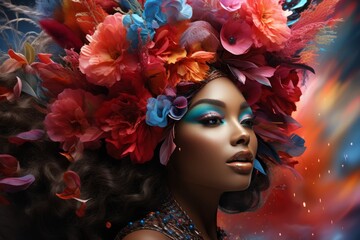 Wall Mural - Elegant woman with floral headdress in a glamorous fashion shoot