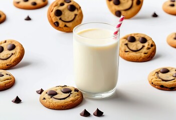 Wall Mural - cheerful oatmeal cookies and milk on a white background. healthy food for children's breakfast