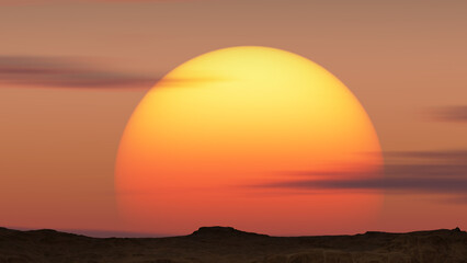 Wall Mural - closeup of huge red sun at sunset as 3d render