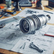 © kaitong1006 - A highly detailed model of a jet engine rests on complex aerospace engineering blueprints, surrounded by design tools