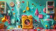 Colorful laundry room chaos in 3D  - A whimsical 3D  image depicting a wildly messy laundry room with vibrant colors