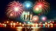 Champagne glasses against vibrant fireworks, celebrating New Year's Eve, festive spirit and holiday joy concept
