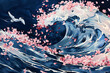 Abstract waves inspired by Japanese woodblock prints. Cherry blossom petals ride the crests, their delicate pink contrasting with deep indigo
