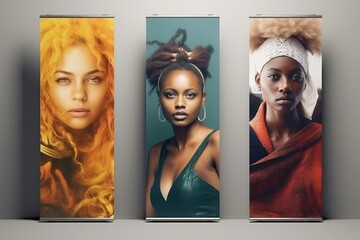 Poster - Group of three roll up banners displayed on a wall. Suitable for advertising and promotions