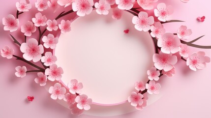 Poster - Pink background with white plate and pink flowers, suitable for various occasions