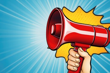 Poster - A hand holding a red megaphone against a blue backdrop. Ideal for promotional announcements