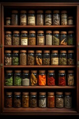 Poster - Assorted spices neatly displayed on a shelf. Perfect for culinary concepts