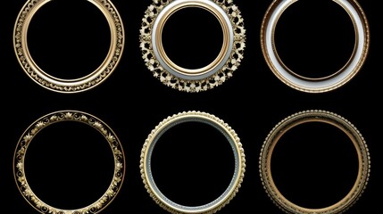 Poster - Set of four round gold frames on a sleek black background. Perfect for elegant design projects