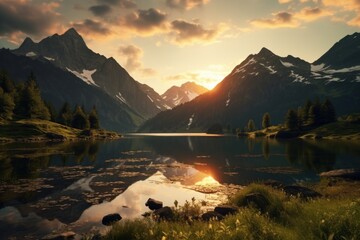 Poster - Beautiful sunset over a calm mountain lake, perfect for travel and nature concepts