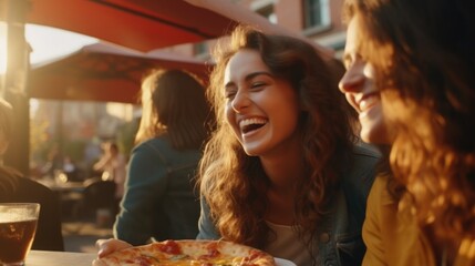 Canvas Print - Two women enjoying pizza together. Suitable for food and friendship concepts