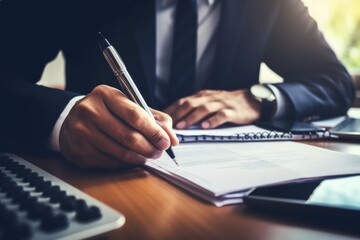 Aufkleber - A man in a suit writing on a piece of paper. Suitable for business and office concepts