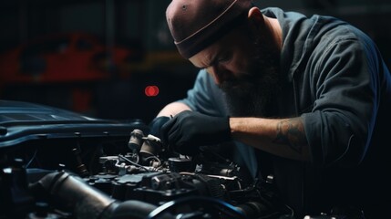 Poster - A man is fixing a car engine in a garage. Suitable for automotive and repair themes