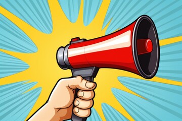 Poster - A hand holding a red and white megaphone. Suitable for communication concept