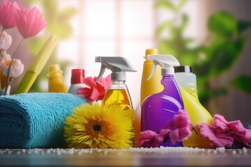 Poster - Various cleaning products displayed on a table, ideal for household cleaning advertisements
