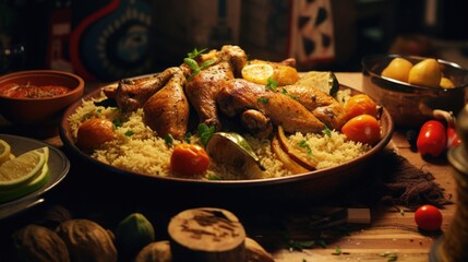 Poster - A wooden table covered with a variety of delicious food. Perfect for holiday celebrations