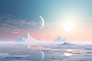 Poster - A view of a planet with a moon in the sky. Suitable for science fiction or space-themed projects