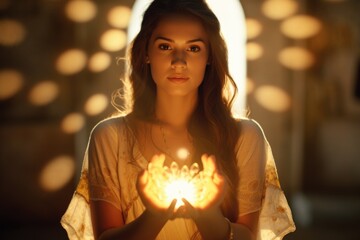 Poster - A woman holding a glowing ball. Suitable for mystical and magical themes