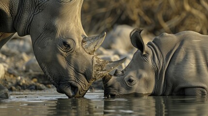 Aufkleber - A baby rhino drinking water from a pond. Suitable for nature and wildlife concepts