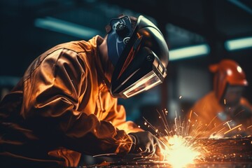 Canvas Print - A man in a welding helmet and goggles working on a piece of metal. Suitable for industrial concepts