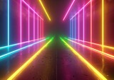 Fototapeta Perspektywa 3d - Futuristic Neon Corridor with Reflective Floors Perfect for Cyberpunk and Sci-Fi Themed Backgrounds