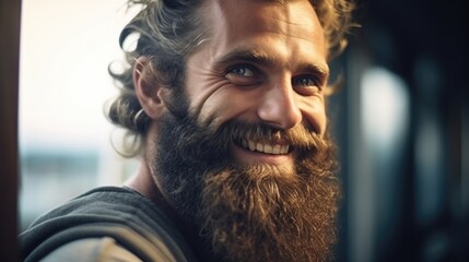Aufkleber - A man with long hair and a beard smiling. Suitable for various projects