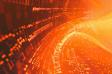 Fototapete - A abstract background with a orange shade, a radial blur, a ASCII code, and a retro font