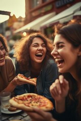 Poster - Group of women enjoying pizza at a table. Perfect for food and friendship concepts