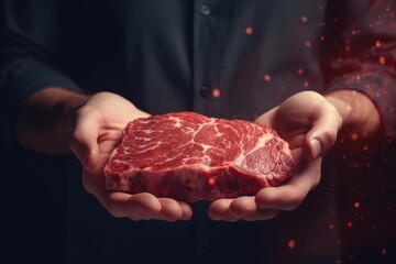 Poster - A man holding a piece of meat. Suitable for food and cooking concepts