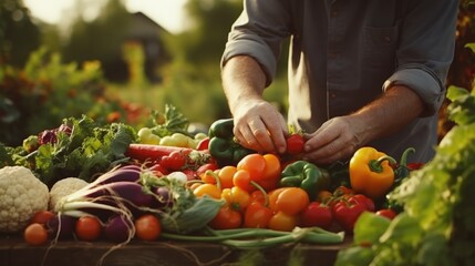 Aufkleber - A man standing over a table filled with various vegetables. Great for food or cooking concepts