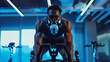 Man with hypoxic mask exercising on gym bike.