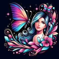 Wall Mural - Ai generates beautiful woman face with butterfly makeup beauty aesthetics luxury salon spa illustration