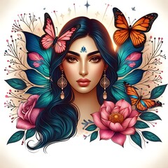 Wall Mural - Ai generates beautiful woman face with butterfly makeup beauty aesthetics luxury salon spa illustration