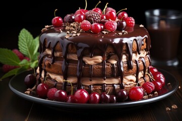 Wall Mural - chocolate cake with chocolate icing and cherries on a table.