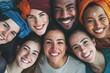 Group of friends with cultural headwear - Diverse group of smiling friends wearing traditional headwear in a top-down view